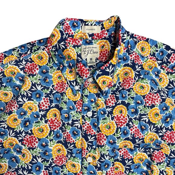 J Crew Shirt M Blue Cotton Floral Button Down All Over print Colorful Resort - Picture 1 of 10